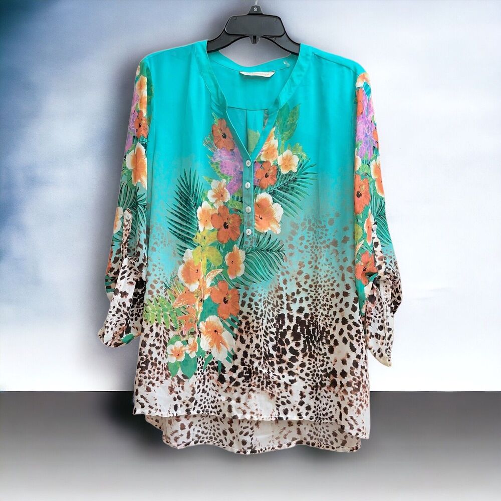 Soft Surroundings PL Tropical Floral Animal Print Popover Blouse